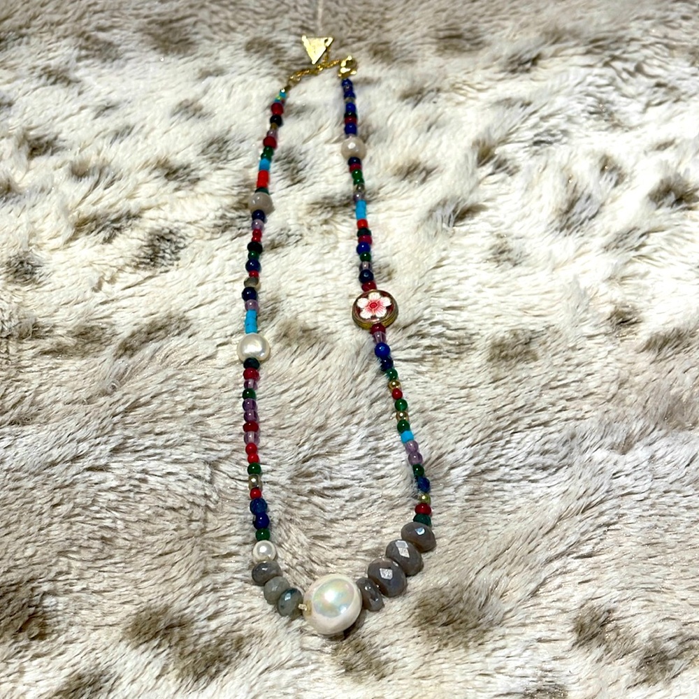 Multicolored beaded choker with large pearl